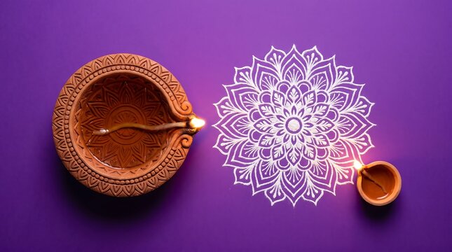 Traditional clay diya lamp beside white mandala art on purple background for happy diwali with festival