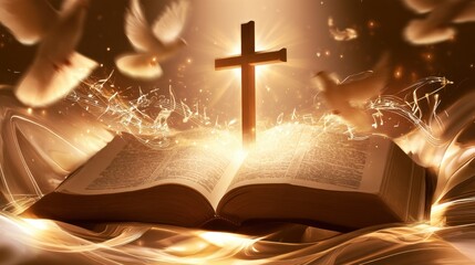 Obraz premium Glowing wooden cross emerging from open ancient book with floating feathers and radiant light beams in warm golden tones