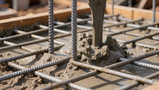 A close-up of fresh concrete being poured over a sturdy steel rebar grid and framework during foundation construction, building structural work, and professional architectural engineering