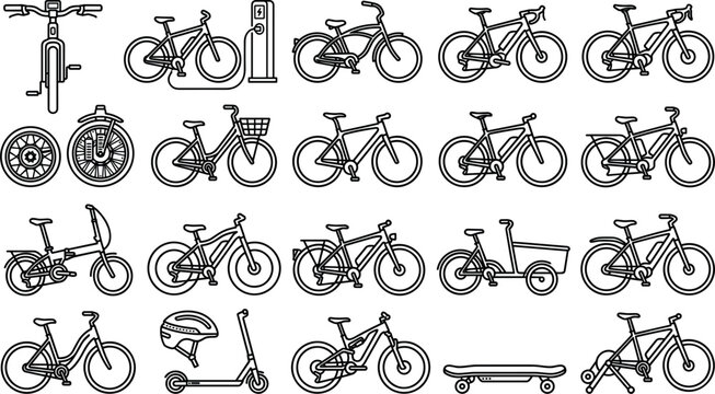 Minimalist black and white bicycle micro mobility vector icons set for urban branding creative ui dashboards and editable graphic layouts.