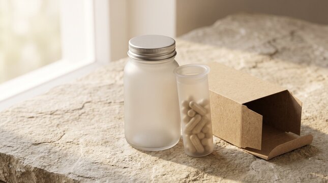 Eco-friendly Healthcare Packaging and natural supplements on stone surface