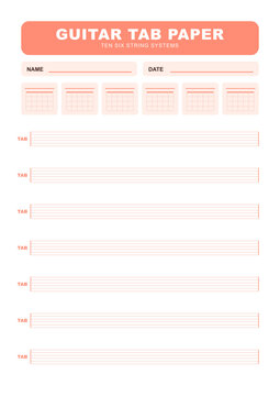 Guitar tab paper - six string tab systems with chord diagram row, printable A4 vector template