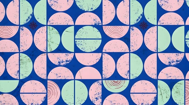 Modern geometric pattern featuring overlapping circles and semicircles in pastel blue, pink, green, and cream tones.