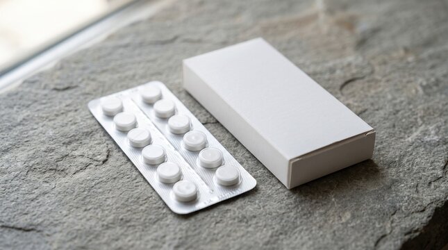 Healthcare Packaging with blank white box and blister pack of pills on stone surface for medical branding mockups
