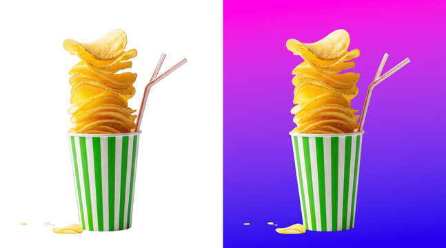 Colorful snack cups with chips and drink stirrers