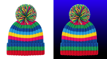 Colorful striped knit pom pom beanie hats © Khandakar