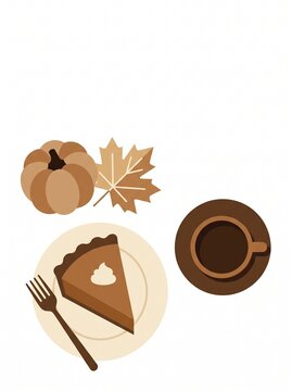 Thanksgiving Flat Lay Illustration Pumpkin Pie Slice Coffee Maple Leaf Top View Vector Design