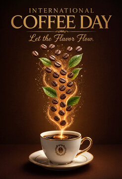 International coffee day poster with a cup of coffee and floating coffee beans and leaves with golden magical energy swirls on a dark brown background