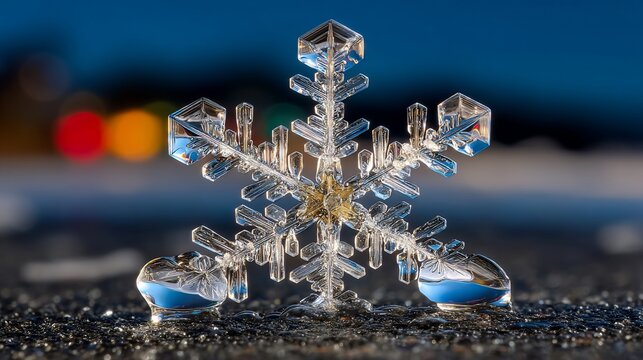 Detailed snowflake with crystalline structure. Bokeh highlights a wintery atmosphere