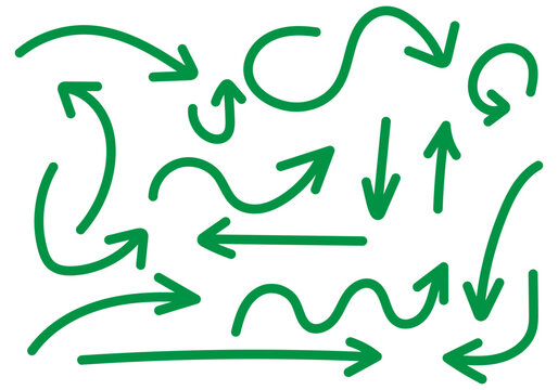 Conjunto de flechas verdes con diferentes formas y direcciones sobre fondo blanco   
