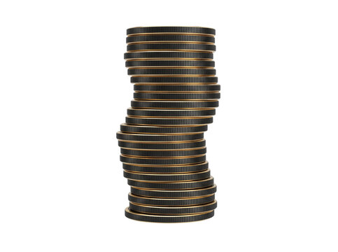 Stacked coins studio photograph. Dark metallic currency tokens arranged in a wavy pillar. Financial wealth concept for banking, currency exchange, and investment portfolio growth.
