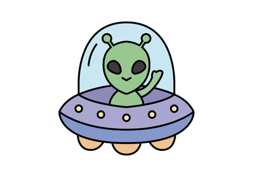 Peque&ntilde;o alien&iacute;gena verde saludando desde un ovni morado sobre fondo blanco   
