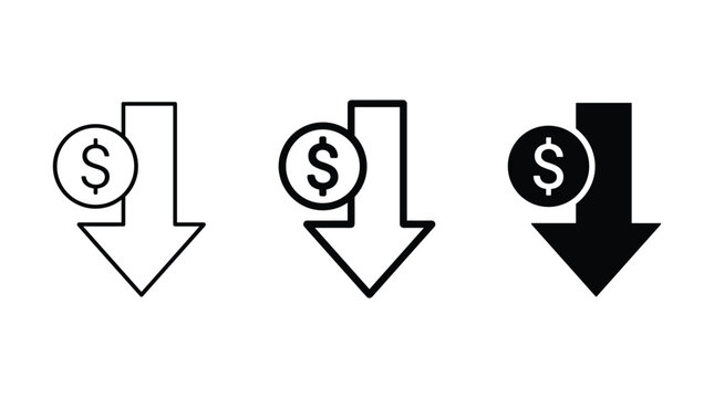 Dollar sign and down arrow icon variations representing decrease in value or price reduction for financial concept graphic design.