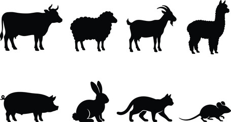 Fototapeta premium Farm And Domestic Animal Silhouette Icon Collection With Livestock And Pet Symbols For Graphic Design Projects