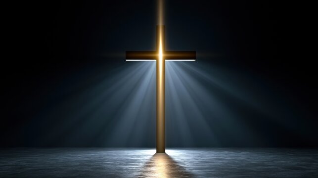 A radiant golden cross stands as a beacon of hope, illuminated by divine light rays against a dark, dramatic backdrop. ..Created with Generative AI, not depicting real subjects.