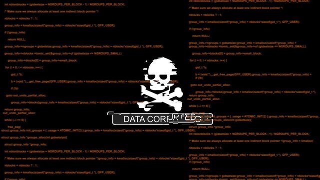 Cyber security alert: data corrupted warning with skull and programming code background, data corruption