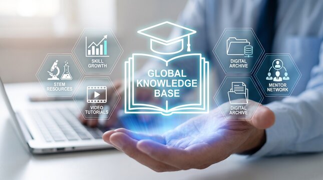 Digital holographic interface displaying global knowledge base icons with a graduation cap above an open book held by a professional man in a bright office