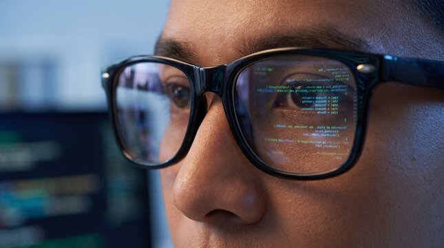Close up of a man wearing glasses reflecting computer code on a screen with computer monitor software