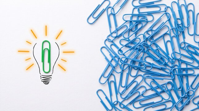 Green paperclip shaped as a lightbulb with blue paperclips on white background