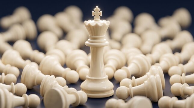 White King Chess Piece Standing Tall Among Rows of Pawns