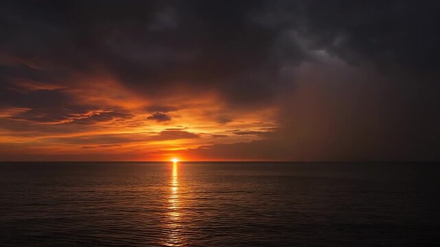 Dramatic Lightning Striking Over Serene Ocean During Vibrant Sunset With Stormy Clouds