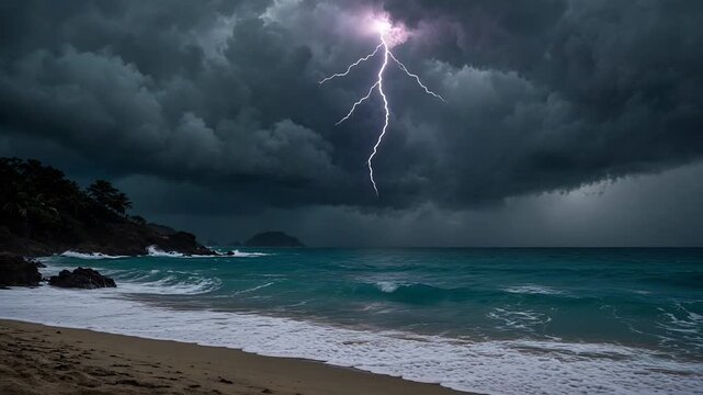 Dramatic Lightning Striking Over the Ocean During a Thunderstorm on a Beach