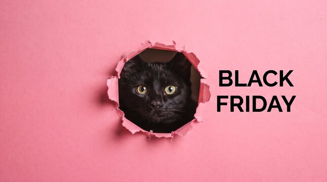 Curious black cat looking through a torn hole in bright pink paper with black friday text shopping discount promotion