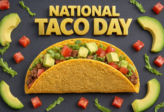 National taco day concept with a crispy hard shell taco filled with ground beef, lettuce, tomato, and avocado slices on a dark gray background