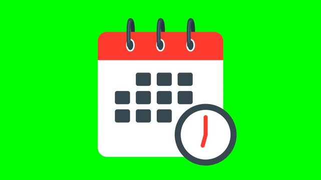 Animated Calendar Icon with Spinning Clock Hands on Green Screen Background for Time Management and Appointment Scheduling