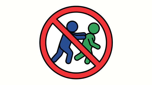 A prohibition sign depicting a blue figure pushing a green figure in a red circle.