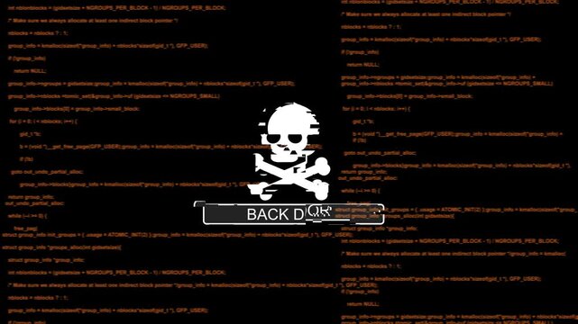 Cyber security backdoor warning with skull and programming code background, cybersecurity hacking malware