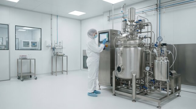 Scientist in white protective uniform working on pharmaceutical machine in a clean modern laboratory room