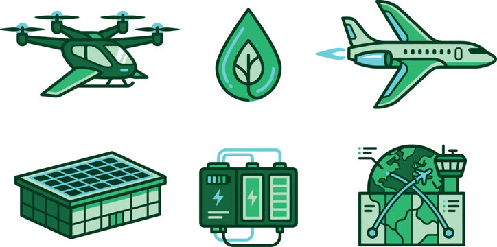 Sustainable aviation icons set, green energy aircraft and electric drone vector, eco friendly air transport and battery technology illustrations