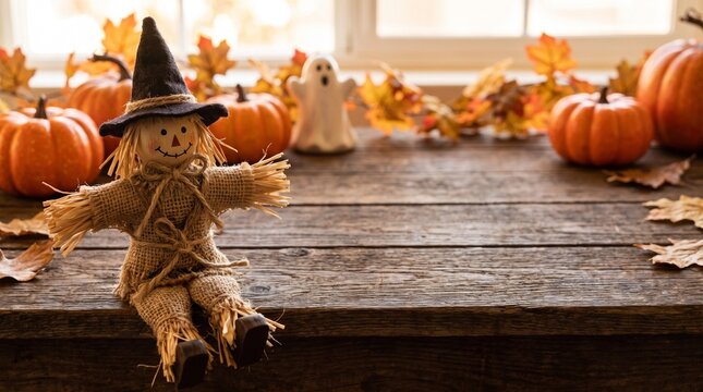 Cute scarecrow doll sitting on rustic wooden surface decorated with autumn pumpkins and leaves for Halloween celebration