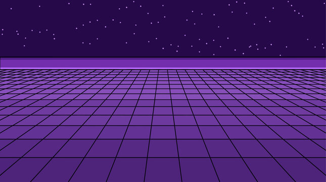 Futuristic Perspective Grid Wireframe Background Cyberpunk Gaming Metaverse Virtual Reality Cyberspace Retro Sci-Fi Technology Vector Illustration