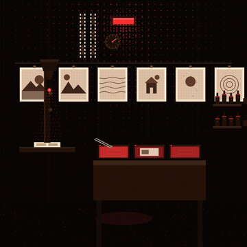 Analog photo darkroom under red safelight with enlarger and developing trays, halftone vector