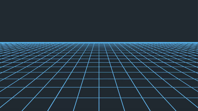 Futuristic Perspective Grid Wireframe Background Cyberpunk Gaming Metaverse Virtual Reality Cyberspace Retro Sci-Fi Technology Vector Illustration