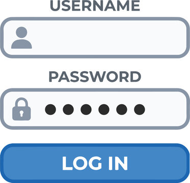Flat vector illustration of a login form interface with labeled username and password fields featuring a user icon and padlock icon with dots, and a blue rounded log in button below.