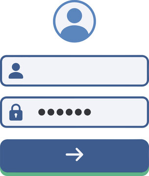 Flat vector illustration of a login form interface with a round user avatar, username input with user icon, password input with padlock and dots, and a blue sign in arrow button.