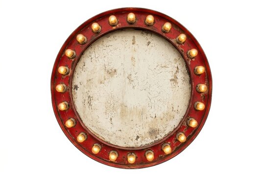 Vintage Circular Marquee Sign with Glowing Light Bulbs and Weathered Texture Isolated on White Background