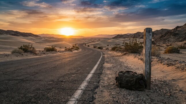 Desert Road at Sunset with Suitcase and Wooden Post photo