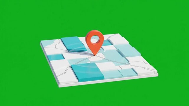 3D Map Board with Orange Location Pin Animation on Green Screen