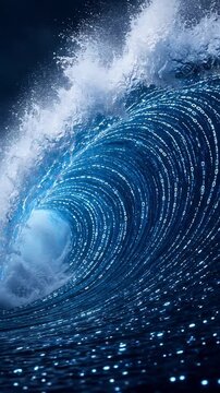 Dramatic Ocean Wave Formation with Sparkling Highlights Against Dark Sky