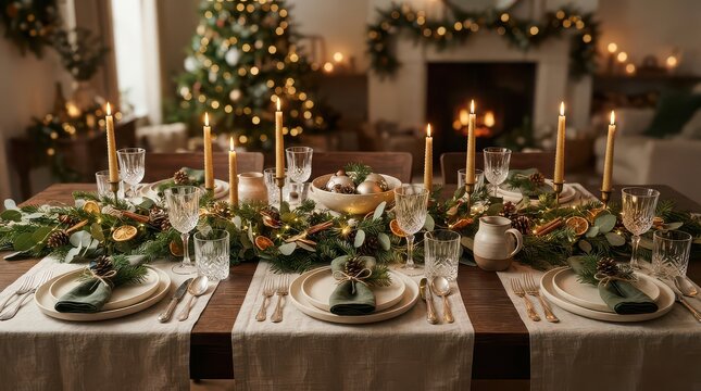 Elegant Christmas Dinner Table Setting with Candles and Evergreen Garland dining table