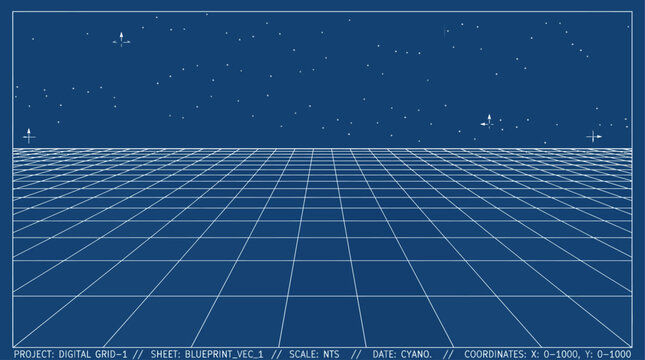 Abstract Retro Futurism Sci-Fi Grid Background Digital Cyberspace Wireframe Metaverse Gaming Interface Vector Illustration