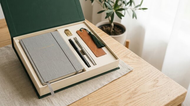 Elegant Gift Box with Notebook Pen Bookmark and Keychain on a Wooden Table Keywords: gift box, stationery set, notebook, pen, bookmark, keychain, elegant gift, premium gift, writing set, journal