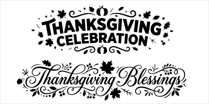 Thanksgiving celebration and blessings typography quote with autumn leaves and pumpkins vector