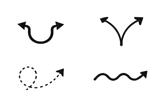 Hand-drawn curved, branching, dashed loop, and wavy arrows vector set