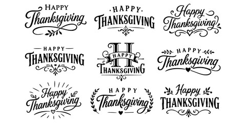 Set of Happy Thanksgiving lettering typography designs and vintage flourishes © Dream Frame Studio