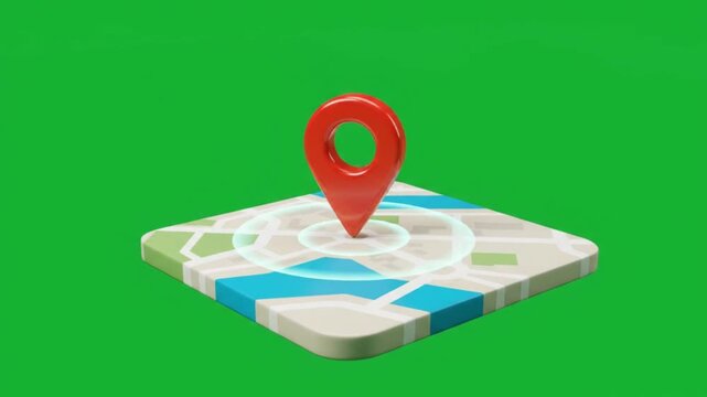 Navigation Map Tile with Red Location Pin on Green Screen